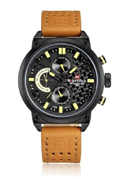 Naviforce Mens Analog Digital Sport Watch with Brown Leather Strap Black Dial Multi Function Display