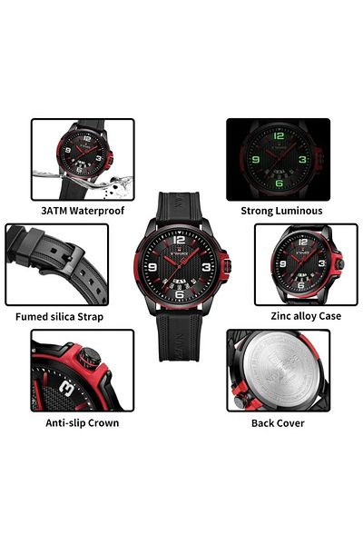 Naviforce Stylish Mens Sports Watch with Black Dial Red Accents Silicone Strap Quartz Movement Analog Display