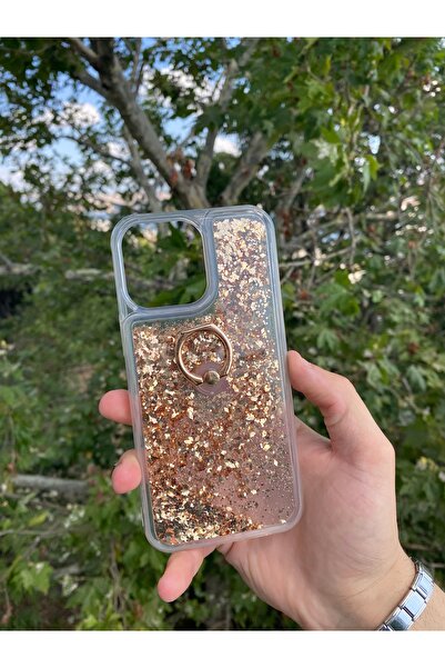 Merwish Apple iPhone 12 Pro Max Uyumlu Sulu Simli Yüzüklü Standlı Parlak Silikon Kılıf Gold