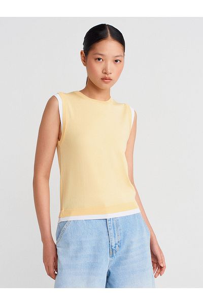 Dilvin 10784 Crew Neck Couple Look Knitwear Blouse-Yellow-White