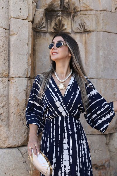 bytugcekaya Navy Blue White Striped Bat Sleeve Slit Detail Dress