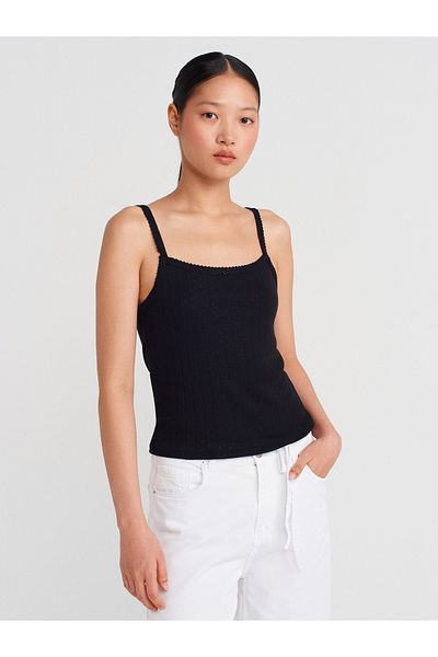 Dilvin 21044 Bow Detailed Openwork Top-Black