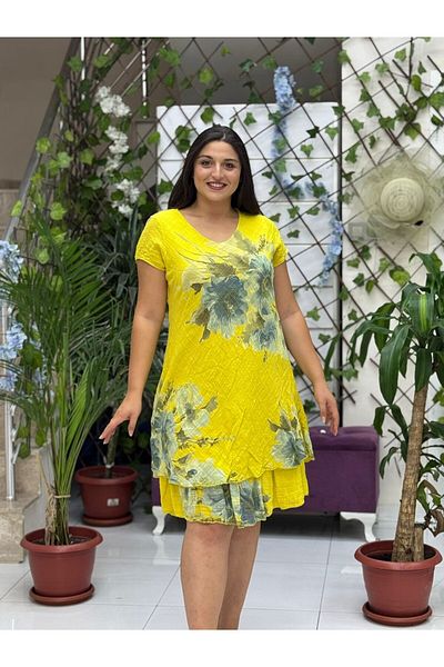 Punta Otantik Nc50121 Italian Short Sleeve Cotton Linen Dress Yellow