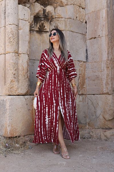 bytugcekaya Burgundy Beige Striped Pattern Bat Sleeve Slit Detail Dress
