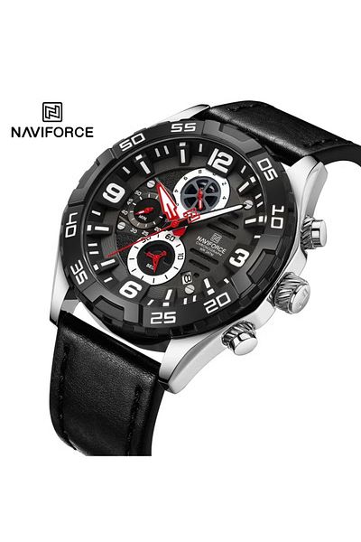 Naviforce Sport Chronograph Wrist Watch for Men with Leather Strap Water Resistant Multi-Function Analog