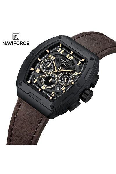 Naviforce Modern Chronograph Watch for Men with Unique Square Case Design Durable Leather Strap Luminous