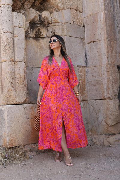 bytugcekaya Φούξια-πορτοκαλί φόρεμα με λεπτομέρεια με μανίκια νυχτερίδας