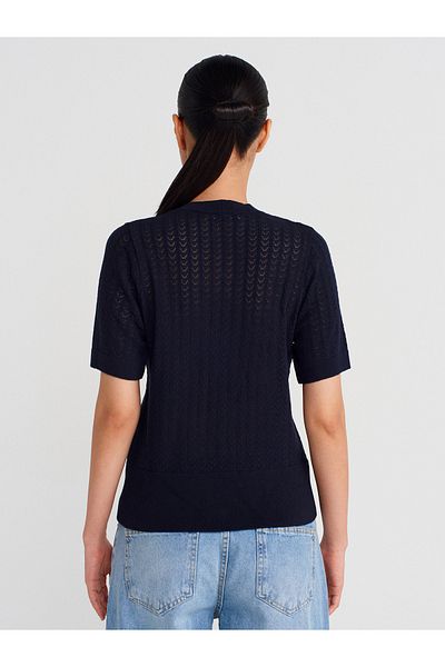Dilvin 60974 Crew Neck Openwork Buttoned Knitwear Cardigan-Navy Blue