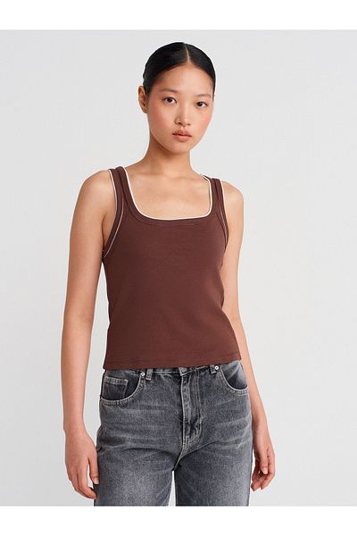Dilvin 21087 Contrast Ribbed Undershirt-Light Brown