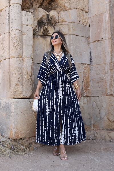 bytugcekaya Navy Blue White Striped Bat Sleeve Slit Detail Dress