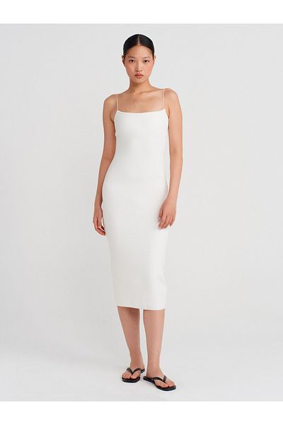 Dilvin 91495 Strap Midi Dress-Ecru