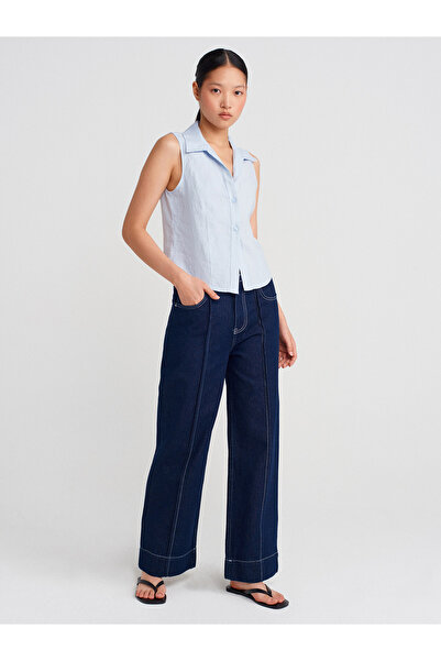 Dilvin 50511 Cămașă fără mâneci din in-albastru