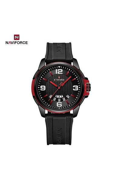 Naviforce Stylish Mens Sports Watch with Black Dial Red Accents Silicone Strap Quartz Movement Analog Display