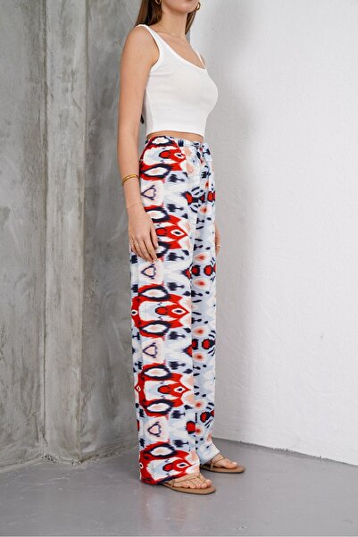 SheLoria Women's Red Blue Ethnic Patterned Lacing Detail Elastic Waist Relaxed Cut Palazzo Viscose Trousers