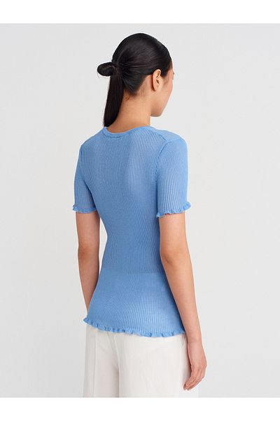 Dilvin 10783 Crew Neck Ruffled Slim Knitwear Blouse-Blue