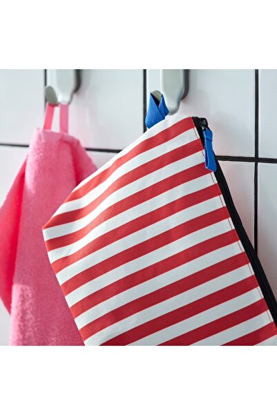 IKEA Skogssallat 30x21x10 cm Kırmızı Beyaz Çizgili Makyaj Çantası