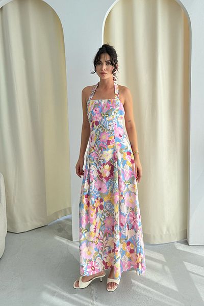 Seda Yalçın Atelier Multicolored Floral Patterned Midi Length Linen Dress
