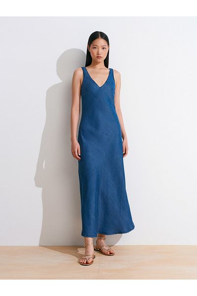 Dilvin 90567 Lyocell Loose Cut Denim Dress-Navy Blue