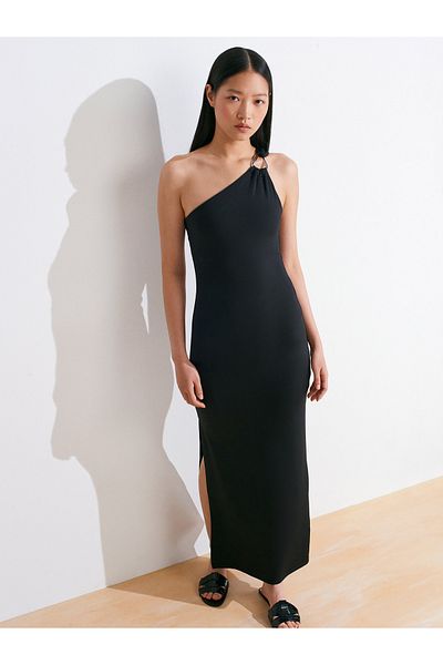 Dilvin 91494 Long Dress with Accessory Detail-Black