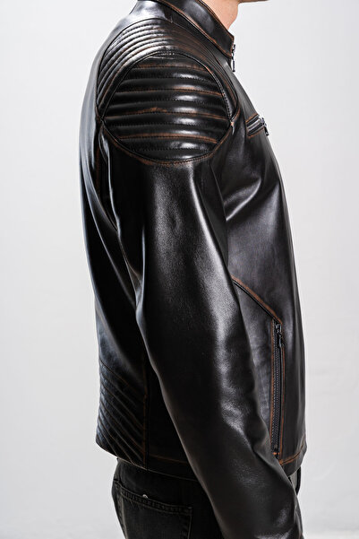 Dericlub Zagreb Men's Judge Collar Slim Fit Real Leather Sports Coat Black/Tan