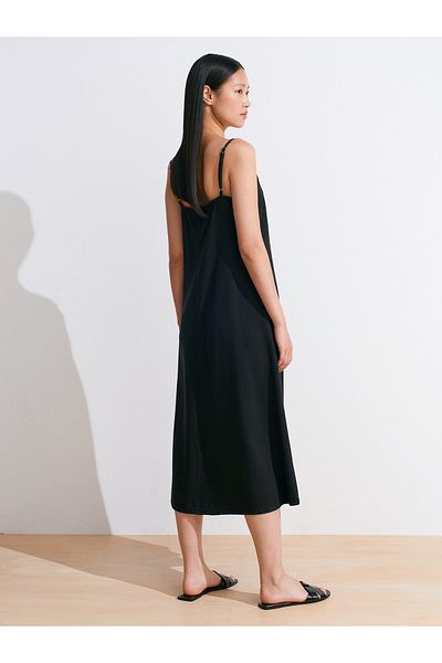 Dilvin 90562 Thin Strap Piece Dye Denim Dress-Black