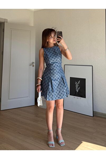 BAŞARAN Desenli Mini Elbise İndigo