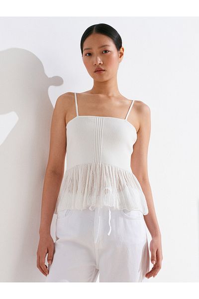 Dilvin 10790 Thin Strap Flounce Knitwear Blouse-White