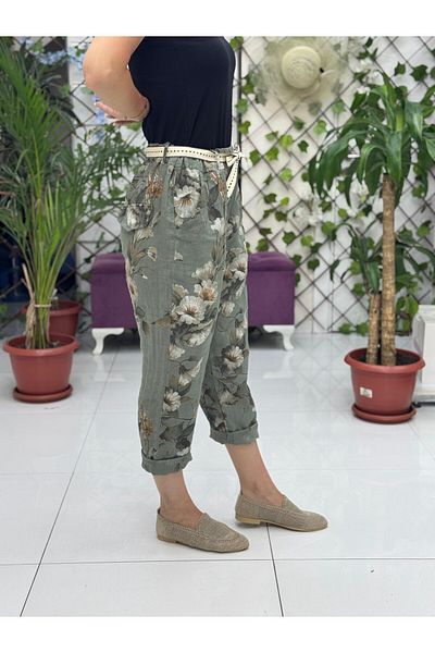 Punta Otantik Nc7232 Italian High Waist Linen Ankle Pants Khaki