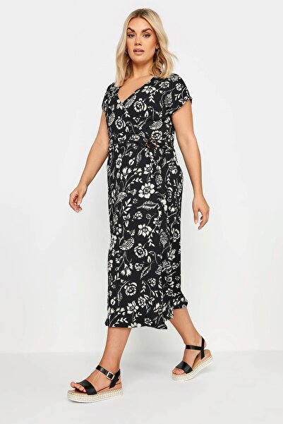 Şans Women's Plus Size Black, Wrap Collar, Waist Buckle, Floral Patterned Dress 65N39008