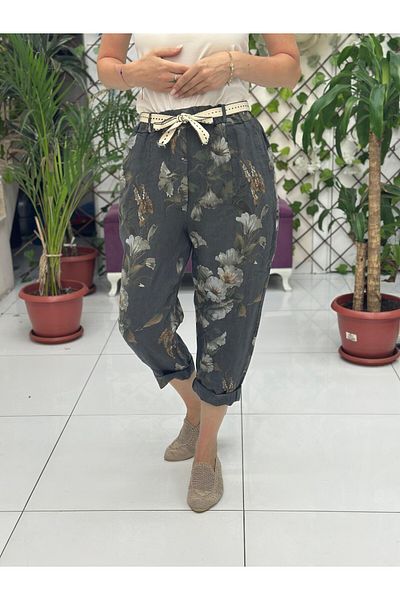 Punta Otantik Nc7232 Italian High Waist Linen Ankle Pants Smoked