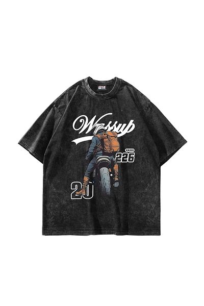 Sekizbiraltı Moto Rider Printed Oversize Unisex Πλενόμενο Μαύρο Tshirt