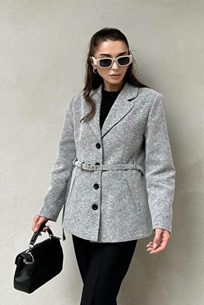 Modamesta Premium Trendx Açık Gri Kemerli Kadın Blazer Ceket