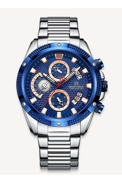 Naviforce Mens Chronograph Sport Watch Stainless Steel Band Analog Quartz Movement Multifunctional Dial