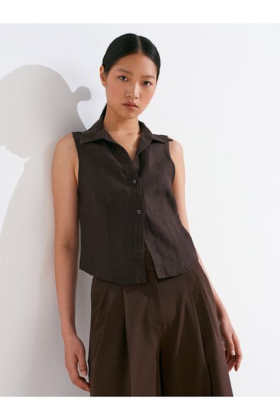 Dilvin 50511 Linen Sleeveless Shirt-Brown