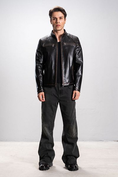 Dericlub Zagreb Men's Judge Collar Slim Fit Real Leather Sports Coat Black/Tan