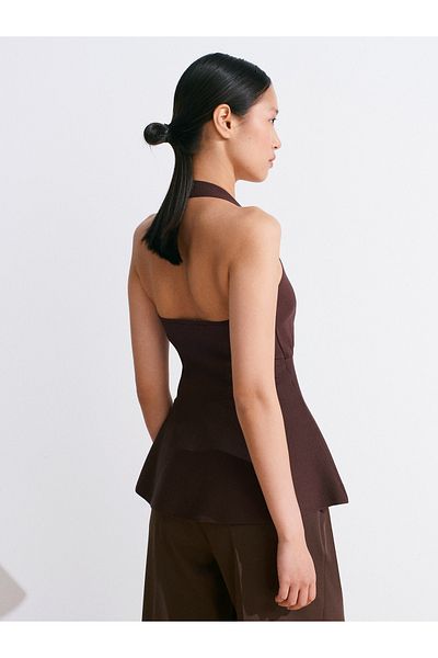 Dilvin 10787 Halter Neck Metal Detailed Peplum Knitwear Blouse-Brown