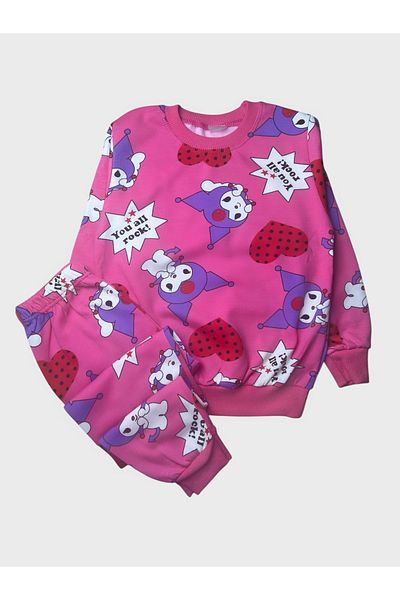 Pajama Shop Girl's Cotton Raised Pink Kuromi Heart Print Long Sleeve Winter Pajamas Set