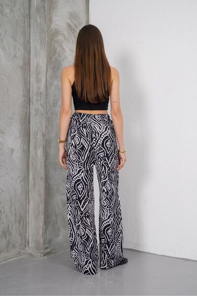 SheLoria Women's Black Tie Detail Elastic Waist Relaxed Fit Palazzo Viscose Trousers