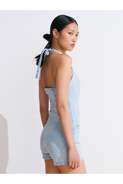 Dilvin 72023 Salopetă scurtă din denim cu flotă în față-albastru