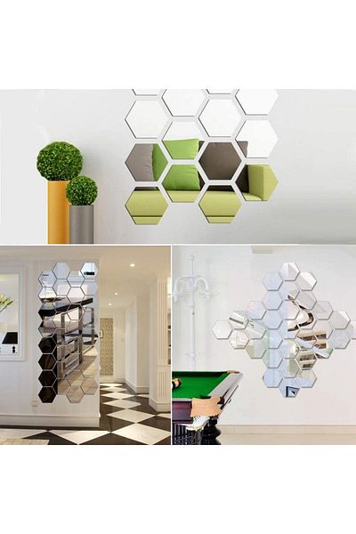 OEM Set of 12 decorative self-adhesive plexiglass mirrors, hexagon shape, diameter 15 x 13 cm
