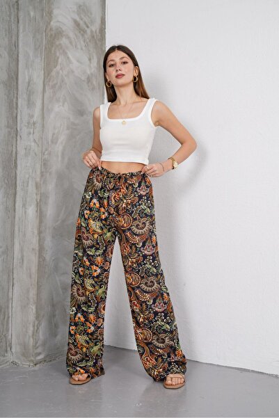 SheLoria Women's Black Orange Shawl Patterned Tie Detail Elastic Waist Relaxe...