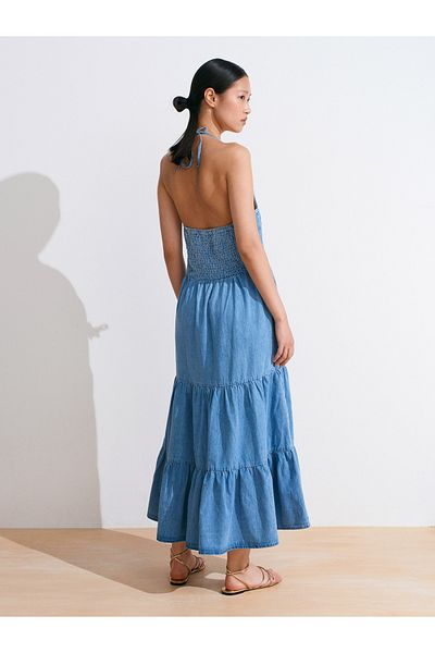 Dilvin 90570 Halter Neck Long Denim Dress-Blue
