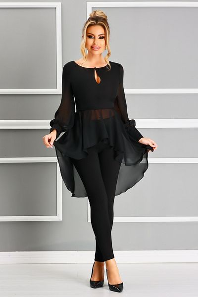 Atmosphere Fashion Asymmetric black veil blouse