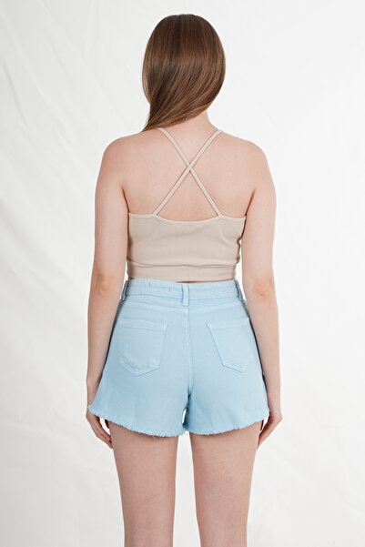 shai Light Blue Shorts with Slit Detail and Tassels on the Legs