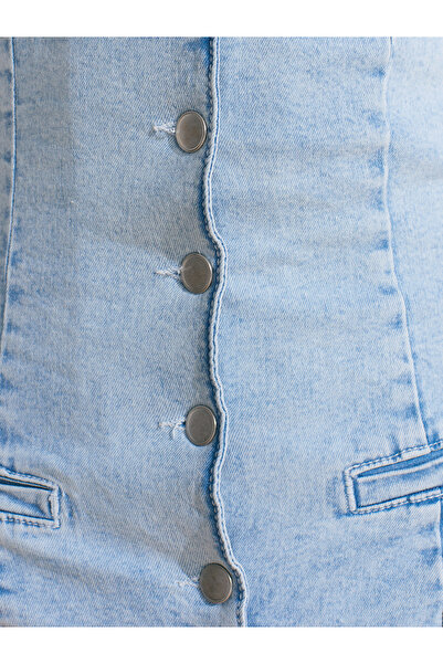 Dilvin 72023 Short Denim Jumpsuit with Front Flats-Blue