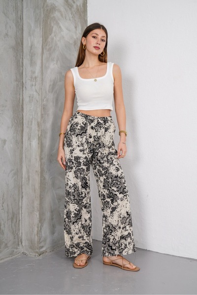 SheLoria Women's Black White Ethnic Patterned Lacing Detail Elastic Waist Relaxed Cut Palazzo Viscose Trousers