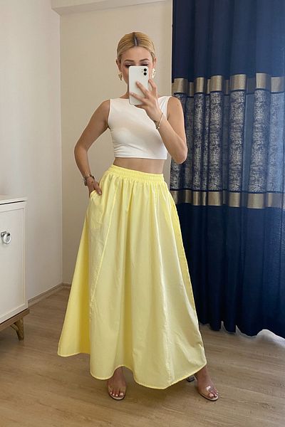 moddosa fashion FUSTA LUNGĂ POPLIN CU BIRUȚI ELEASTIC LA TALE
