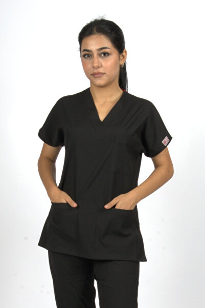 SEZA TEKSTİL Negru Premium Flex Unisex Lycra Scrubs Doctor Asistentă Uniformă Single Top