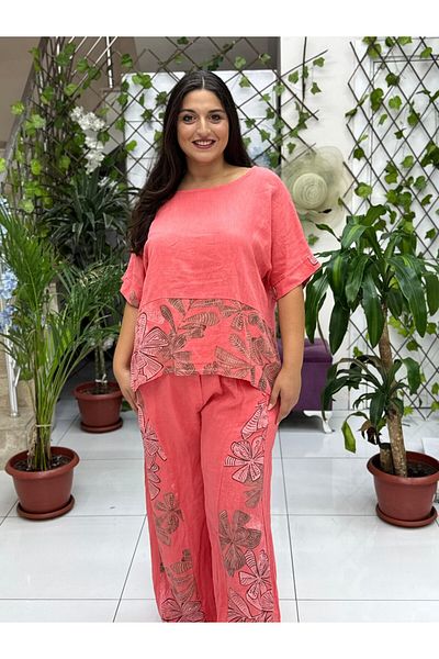 Punta Otantik Nc61253 Italian Floral Printed Linen Suit Coral