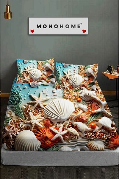 MonoHome 100% Cotton Fitted Sheet Special Design 5D Digital 60 Wire Sea Decoration